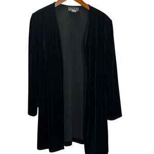 Vtg Alex Evenings Womens Velour Open Front Cardigan Size L Black Shoulder Pads